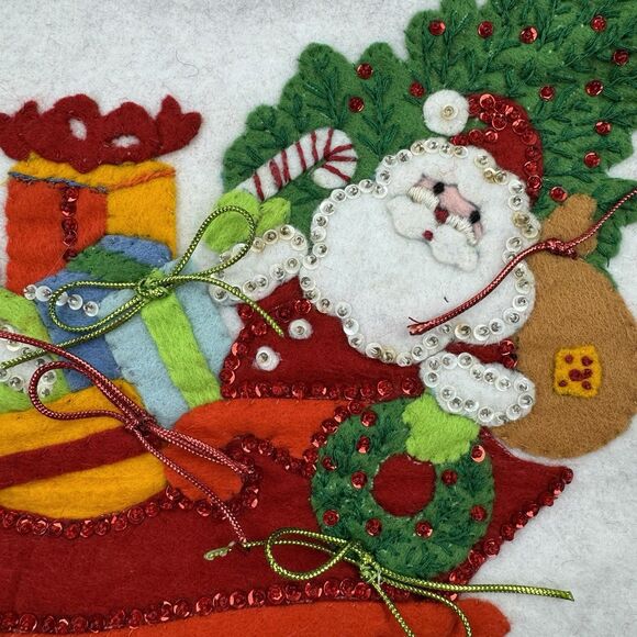 Vintage Handmade Felt Santa Sleigh Wall Hanging Christmas Decor Sequins - Picture 2 of 10